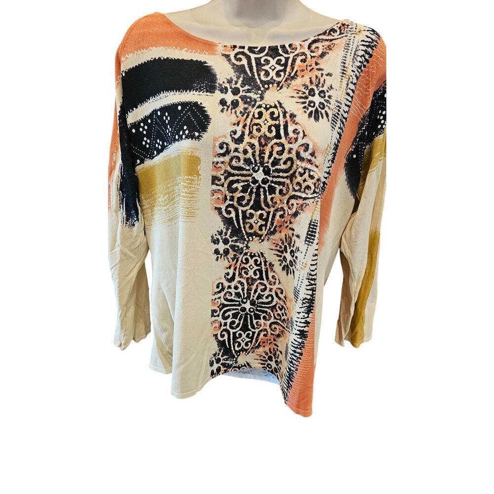 CDP Womens Top 3/4 Sleeve Sequin Embellished Boho Eclectic Casual Art 1X EUC +